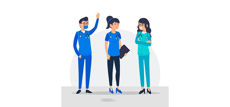 Illustration of three healthcare assistants in medical uniforms talking and smiling, with one waving and another holding a clipboard.