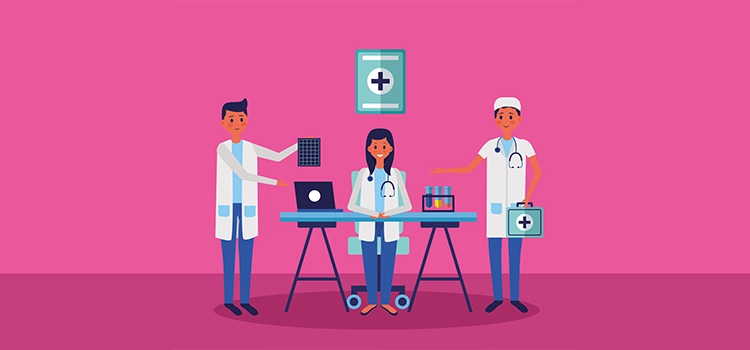 Illustration of three medical professionals in a clinical setting with lab equipment, a laptop, and medical tools.